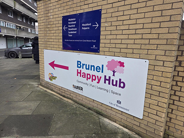 Photo of Brunel Happy Hub signage.