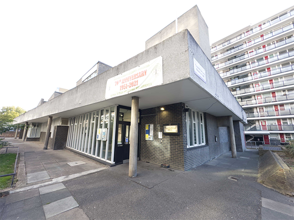 Photo of Churchill Gardens Residents Hall entrance.
