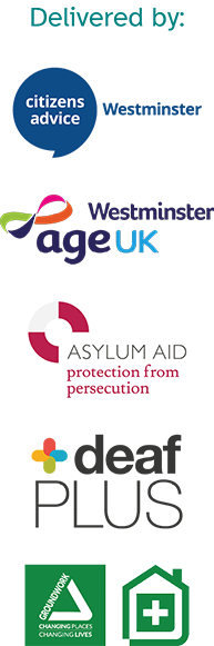 A group of five logos with a label 'Delivered by'. Logos are: Citizens Advice Westminster, Age Uk Westminster, Asylum Aid, deafPlus, Green Doctor.