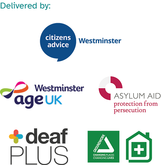 A group of five logos with a label 'Delivered by'. Logos are: Citizens Advice Westminster, Age Uk Westminster, Asylum Aid, deafPlus, Green Doctor.